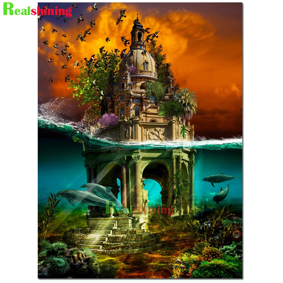 5D Diy Diamond Embroidery Cross Stitch Undersea Dolphin Castle Landscape Full Drills Diamond Painting Handcraft Mosaic Art F22