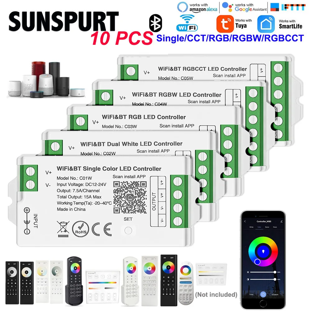 1-10PC Smart LED Controller Tuya WiFi Alexa Google 2.4GHz RF 4/8 Zone 5IN1 CCT RGB RGBW Dimmer RGBCCT LED Strip RC01-04RF Remote