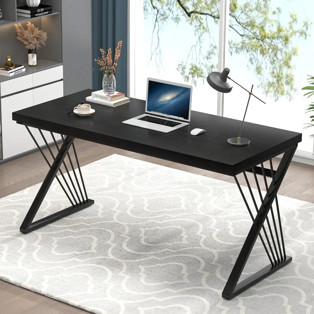 

Black Desk, Modern Wood and Metal Computer Desks for Home Office, Simple Writing Work PC Desk for Bedroom, Industrial Study Gam