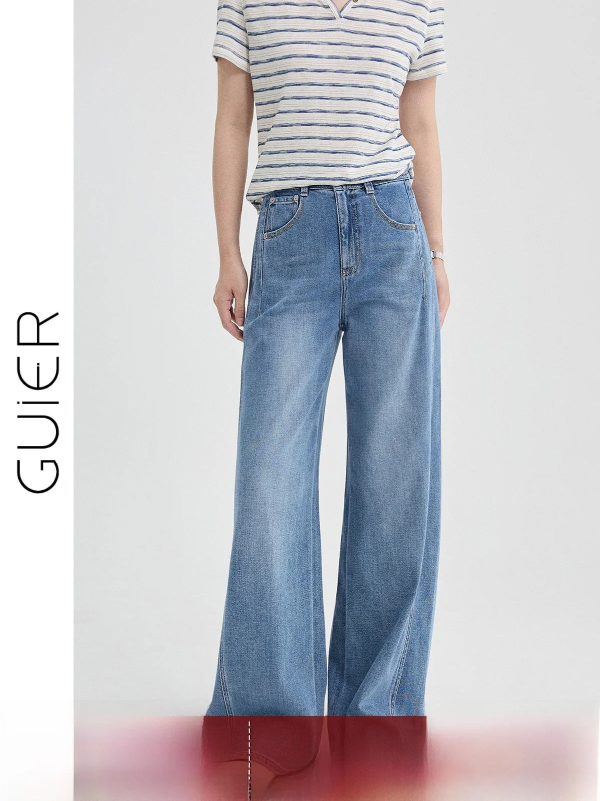 

High Waist Wide Leg Jeans Women's Summer Slimming Design Sense Bowed Knife Jeans G7951# Pure Color Button Closure