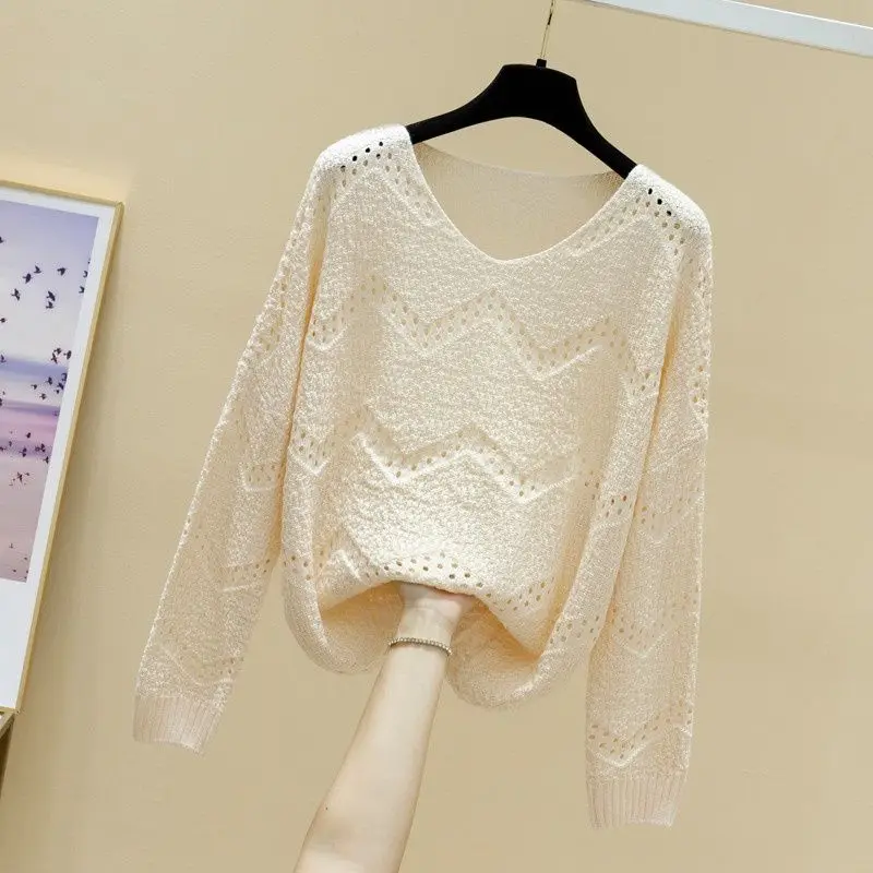 V Neck Hollow Knitted Sweaters for Women Loose Beige Female Pullover Autumn Wear To Work Korean Style Warm Elegant New Knitwear