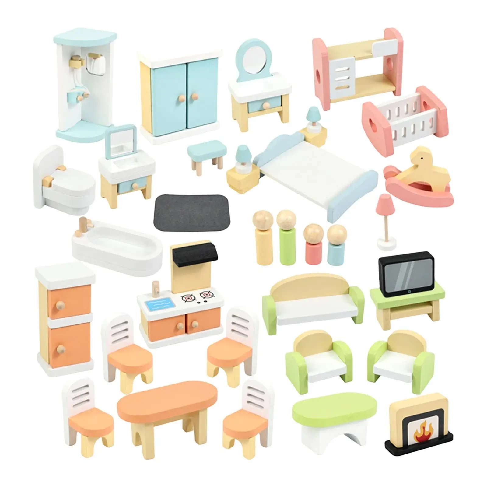 Set di Mobili in Legno per Casa delle Bambole, Ornamenti Realistici, Giocattolo in Miniatura con Sedia, Letto e Divano per Bambini e Bambine