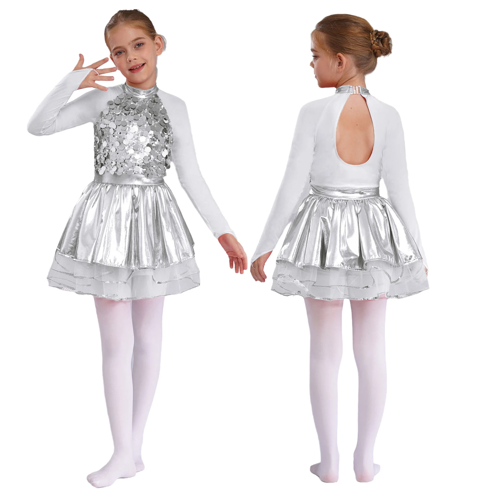 Kids Girls Jazz Dance Dress Sheer Mesh Long Sleeves Shiny Sequins Ballet Tutu Gymnastics Leotard Figure Skating Stage Dancewear