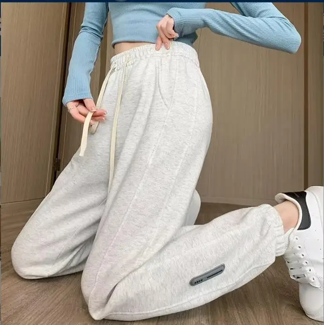 

QWEEK Grey Sports Sweatpants Women Jogger Korean Fashion Casual Basic Harem Pants Jogging Streetwear Classical Wide Leg Trousers