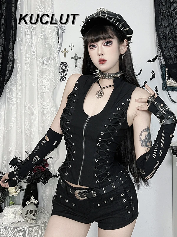 고스 펑크 스타일 블랙 지퍼 업 숙녀 섹시한 조끼 어두운 섹시한 스트랩 멜빵 탑 패션 2025 뉴 여름 여성 탱크 탑
