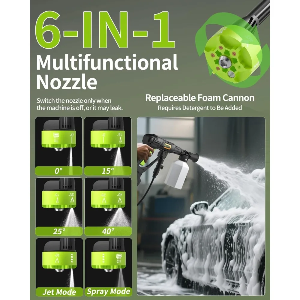 غسالة ضغط كهربائية لاسلكية 990 رطل لكل بوصة مربعة مع فوهة متعددة الوظائف، وخرطوم مرن بطول 23 قدم، وبطارية 21 فولت