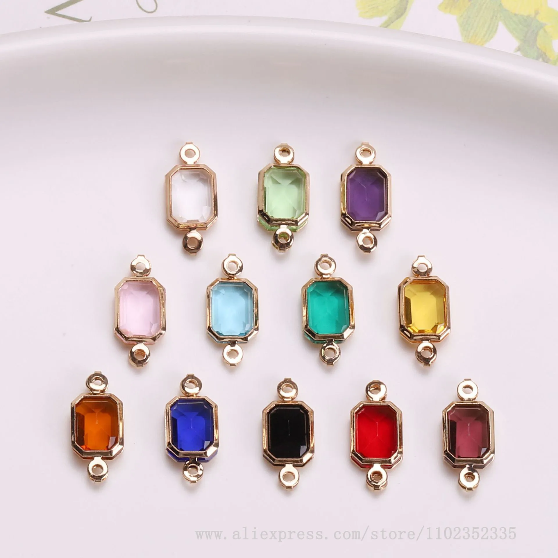 50pcs/ Bag Copper inlaid crystal diamond colored rectangular double pendant DIY earrings necklace bracelet accessories