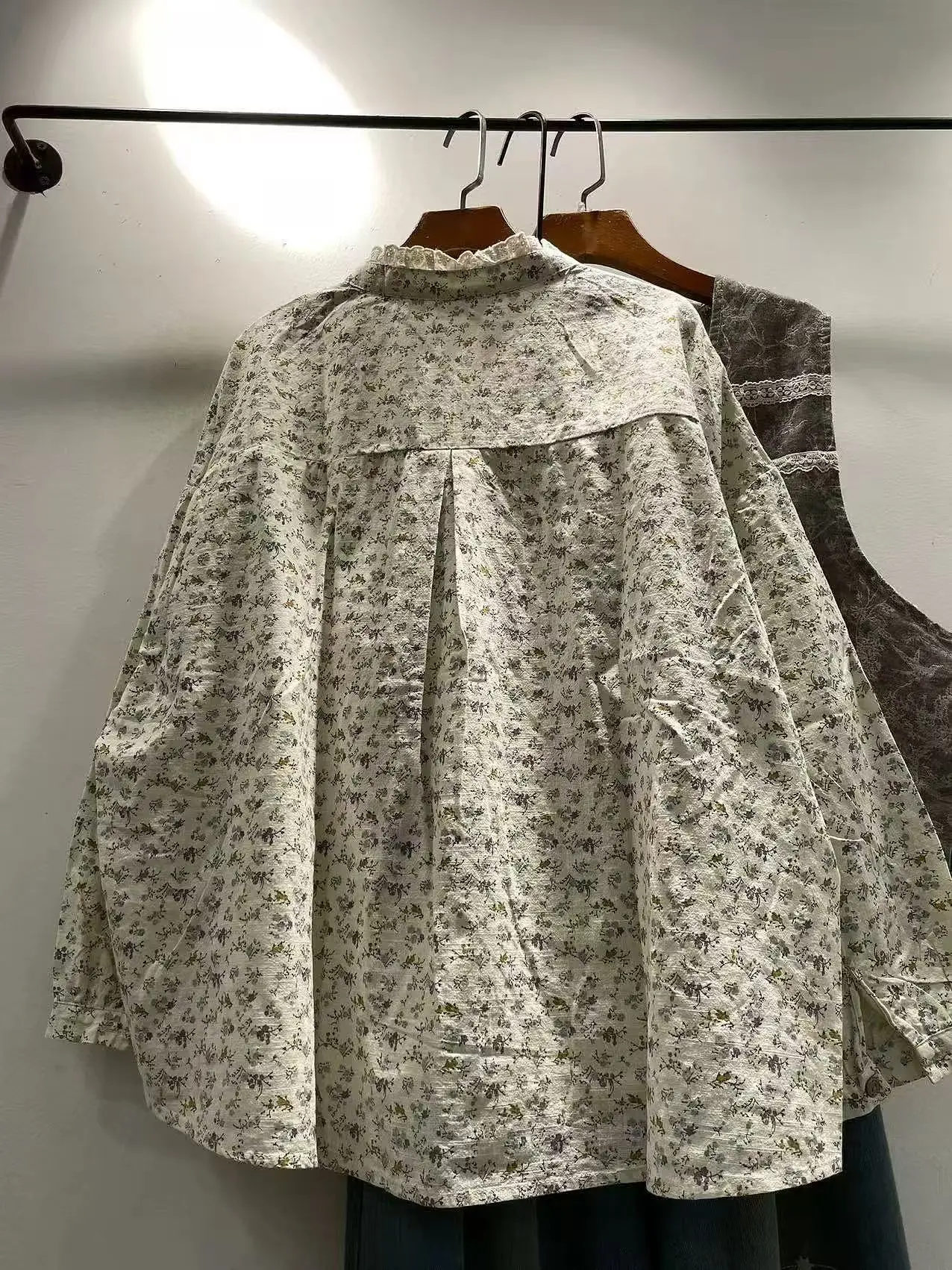 Bust 128cm Mori Kei Clothing Japanese Style Lace Stand Collar Ruffled Print Long Sleeve Shirts and Blouses for Women Vintage Top 2