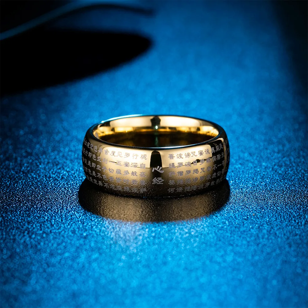 8mm Buddhist Heart Sutra Tungsten Steel Ring Classics Tungsten Black Gold Color Ring