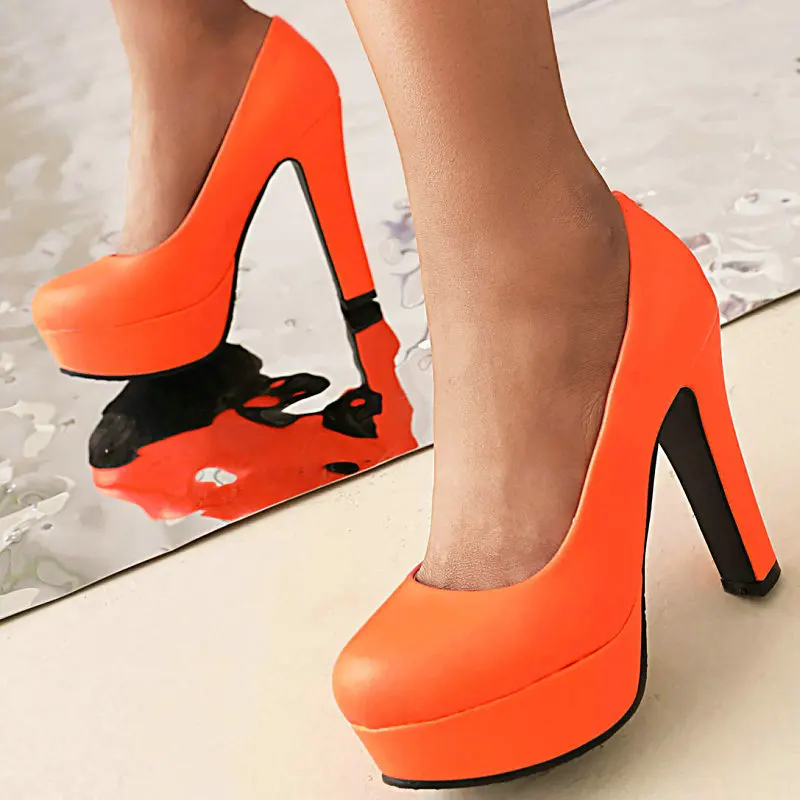 Round Toe Shallow Mature Ladies Pumps Thick Spike High Heeled Office Female Shoes Platform Stiletto Women Green Orange Heels
