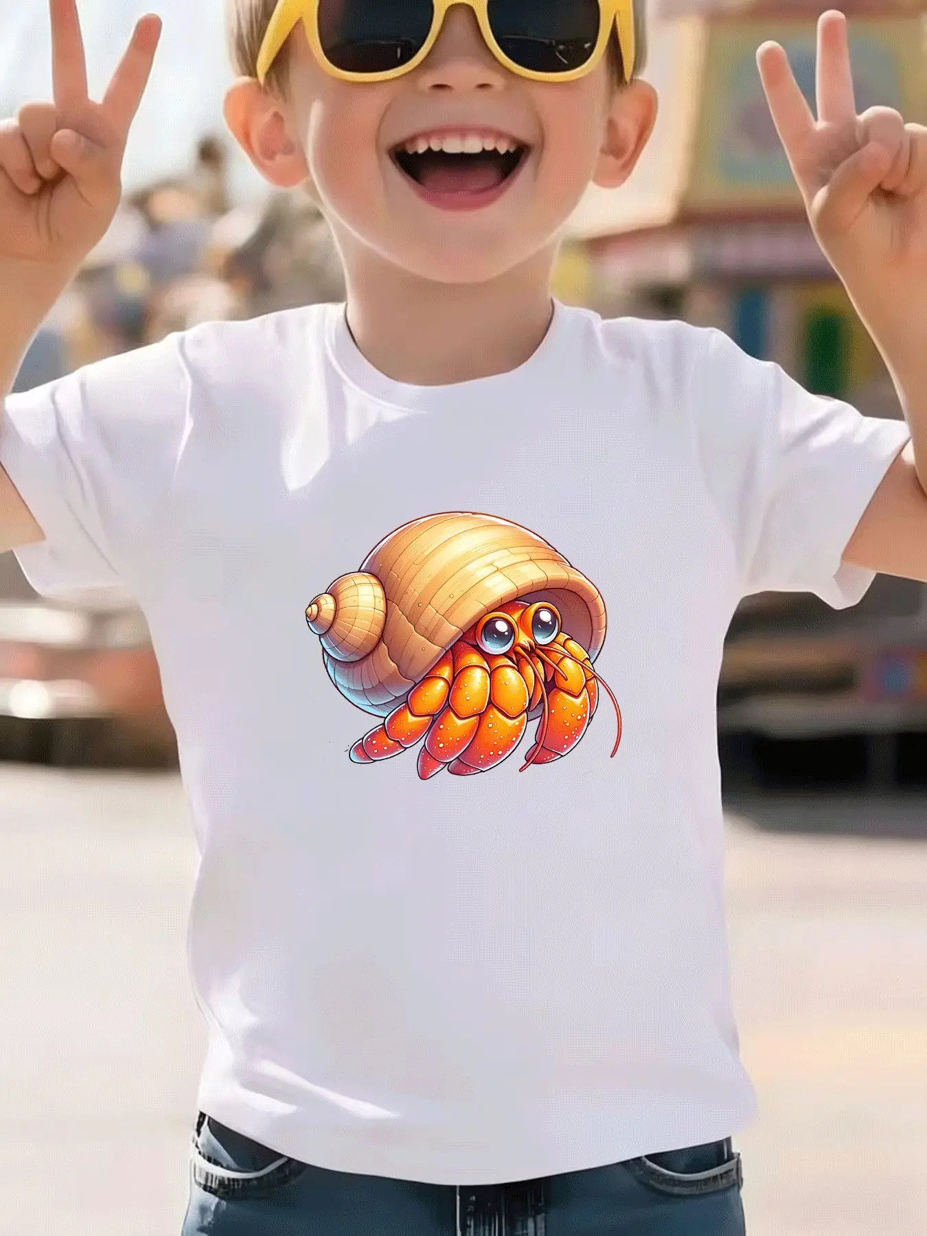 Children's Summer Leisure Trend Cartoon Sea Crab Pattern T-shirt, Summer Holiday Gift, Daily Parent-child Wear
