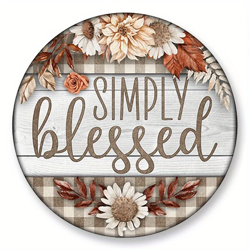 1pc 8x8inch Rustic Chic Aluminum Metal Sign - Distressed Finish, Simply Blessed Wreath Design, Round Shaped, Door Decor