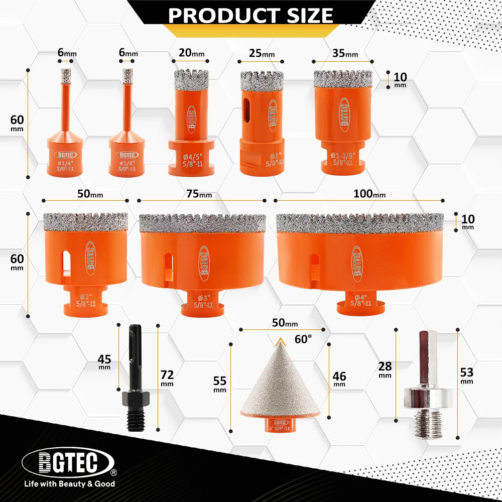 BGTEC 11pcs/Box 6/6/20/25/35/50/75/100mm Diamond Core Drill Bits+50mm Conical Chamfer+HEX+SDS Marble Ceramic 5/8 Aluminum Case