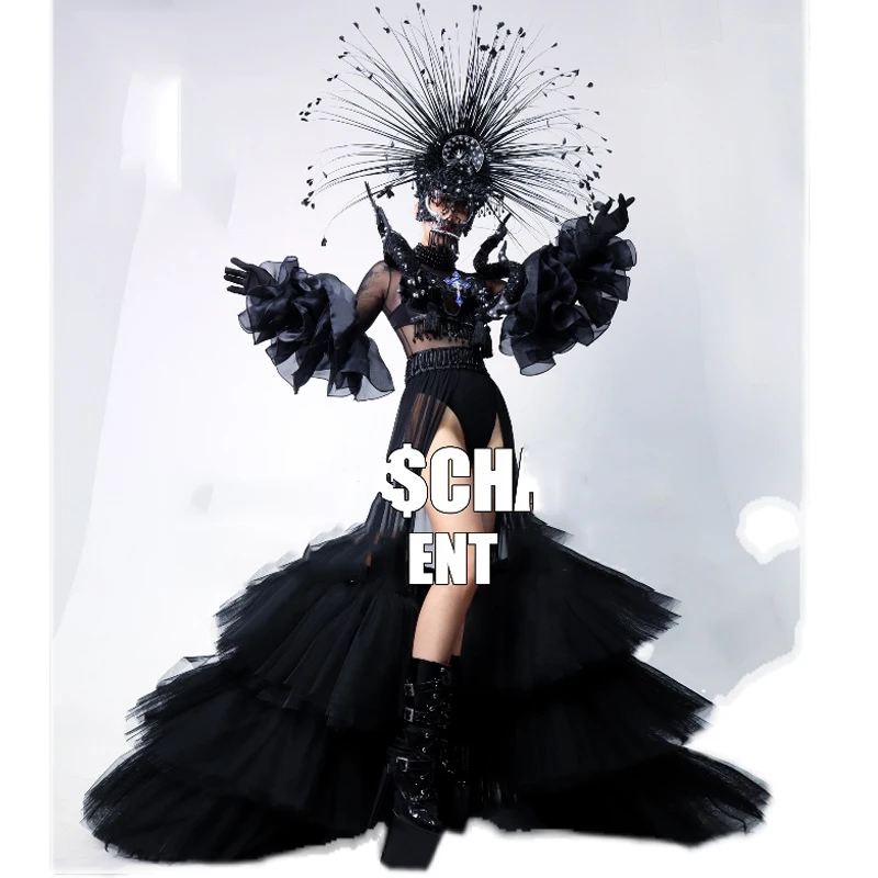 Nightclub Halloween Gothic Dark Yarn Dress Evening Party Stage Costumes Female Singer Black Suit Festival Rave Outfits DWY8266