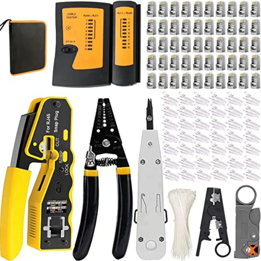 LEATBUY Crimper Set CAT5/CAT6 Crimp Tool Kit for RJ45/RJ11/RJ12/Cat5e, Professional Network Crimper Wire Connector Stripper Cut