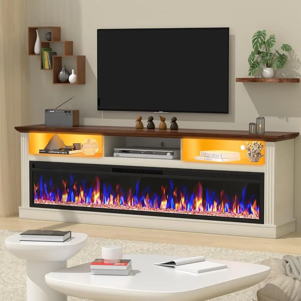 

58-inch TV Stand for 65-inch TVs, 52-inch Electric Fireplace, White Entertainment Center, LED Light TV Stands for Living Room, A