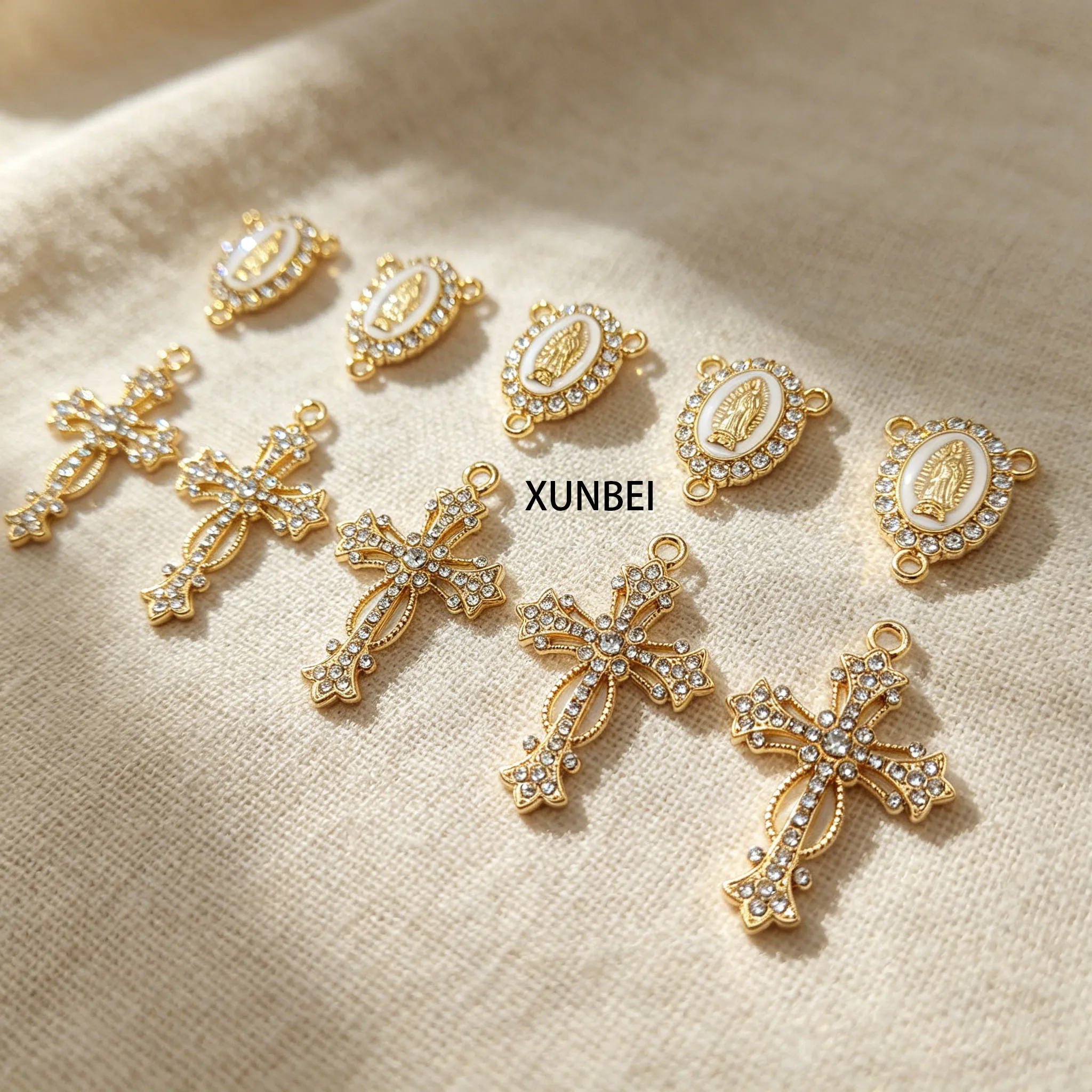 5set Gold Plated Rhinestone Virgin Mary Cross Charms Connector Enamel Guadalupe Centerpiece for Rosary DIY Jewelry Making