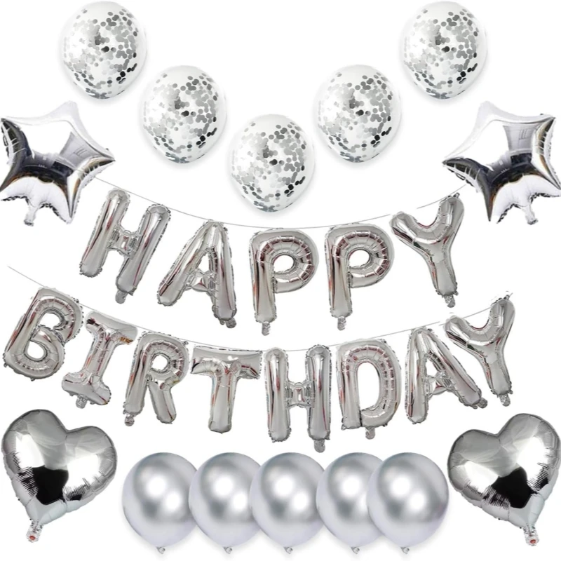 27Pcs Silver Happy Birthday Decorations Foil Happy Birthday Balloons Banner Heart Star Balloons For Baby Shower Party Supplies