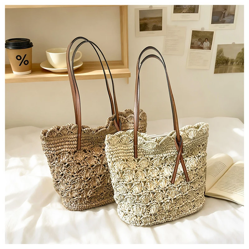 French Style Fashion Casual Hollowed Out Straw Woven Bag Khaki Color Large Capacity Commuting Handbag Versatile Shoulder Bag