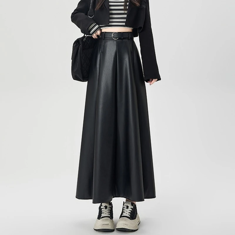 Séoulish automne hiver PU cuir femmes parapluie jupes longues avec ceinture 2025 nouveau Vintage taille haute ample a-ligne jupe femme