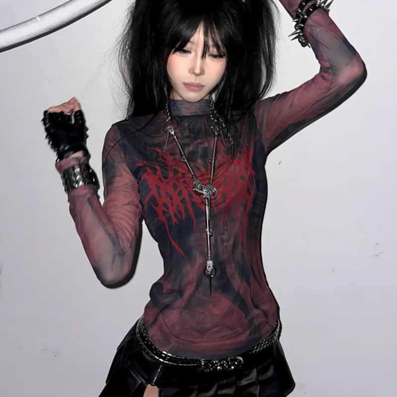 

Karrcat Grunge Aesthetics Tattoo Print T-shirt Vintage Gothic Red Mesh Tops Trashy Y2k Long Sleeve Sheer Tops Punk Alternative