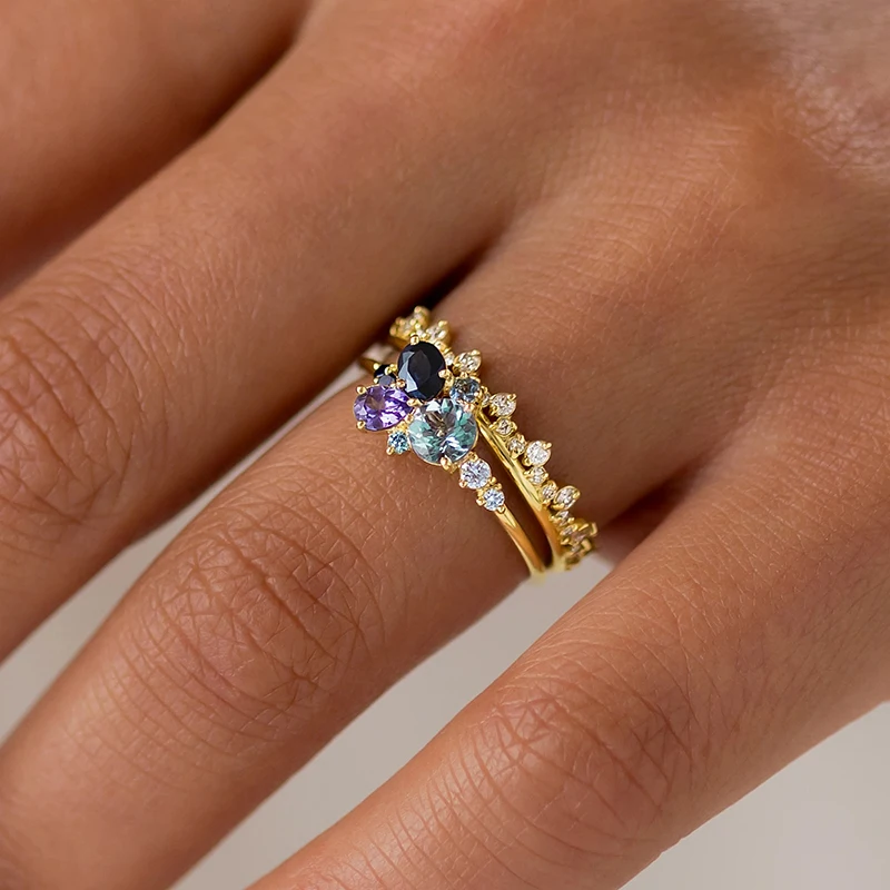 Huitan Multi Colored CZ Set Rings for Women Wedding Anniversary Party Luxury Elegant Lady Accessories Gold Color Fashion Jewelry