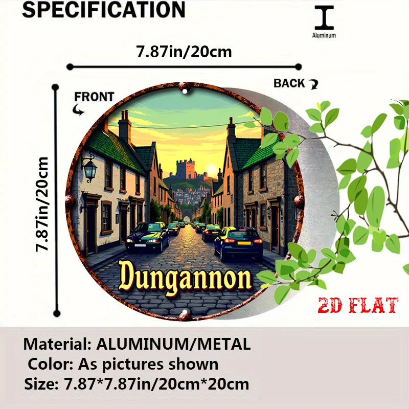 2D Flat - Cozy Village Round Aluminum Sign, 2D Flat Design, Dungannon View Metal Tin Sign, Sunset Glow 7.87X7.87 - Rustic Char