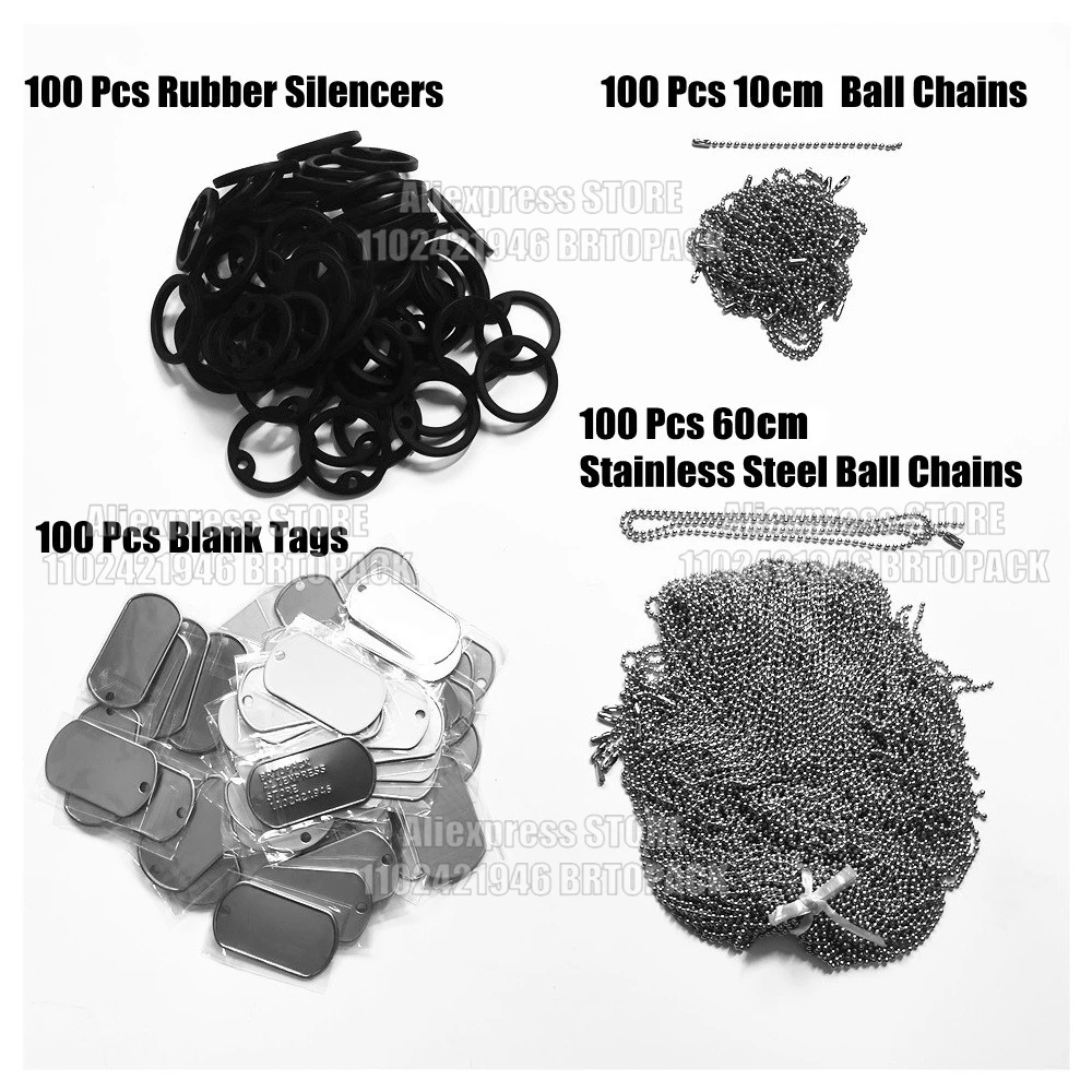 

PET ID Dog Tag Stainless Steel Rubber Silencer Ball Chains Tags Men Necklace Personality Plate100 Pcs