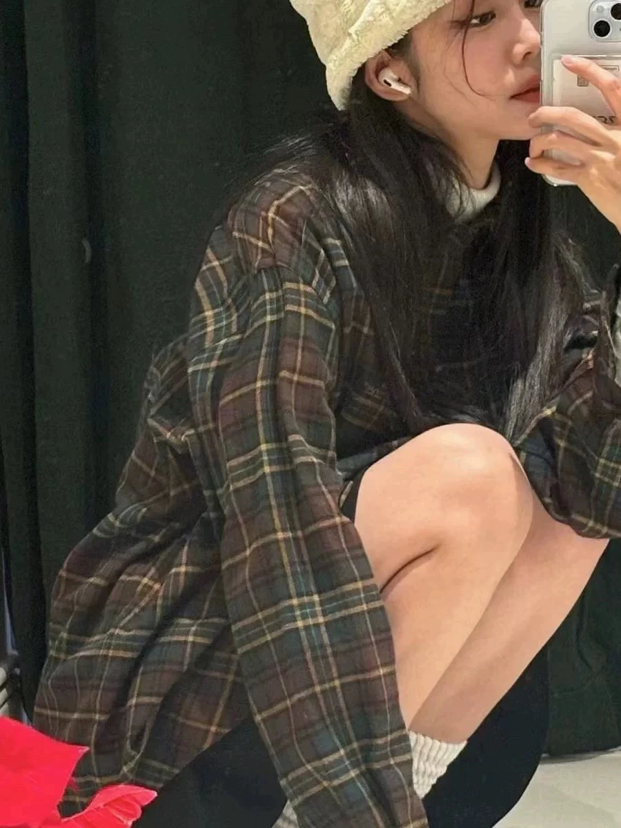 

Женская повседневная теплая утолщенная рубашка Candy Miss в корейском ретро-стиле, в клетку, свободного кроя, с длинными рукавами, из чистого хлопка