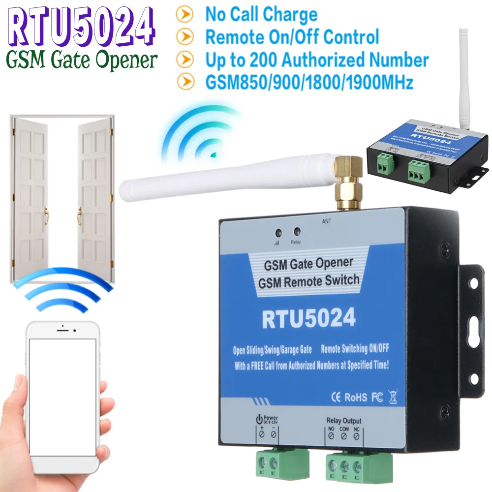 

RTU5024 GSM-реле для открывания ворот, бесплатные звонки, 200 авторизованных номеров, идентификация вызывающего абонента, беспроводной дистанционный переключатель доступа к двери, 850/900/1800/1900 МГц