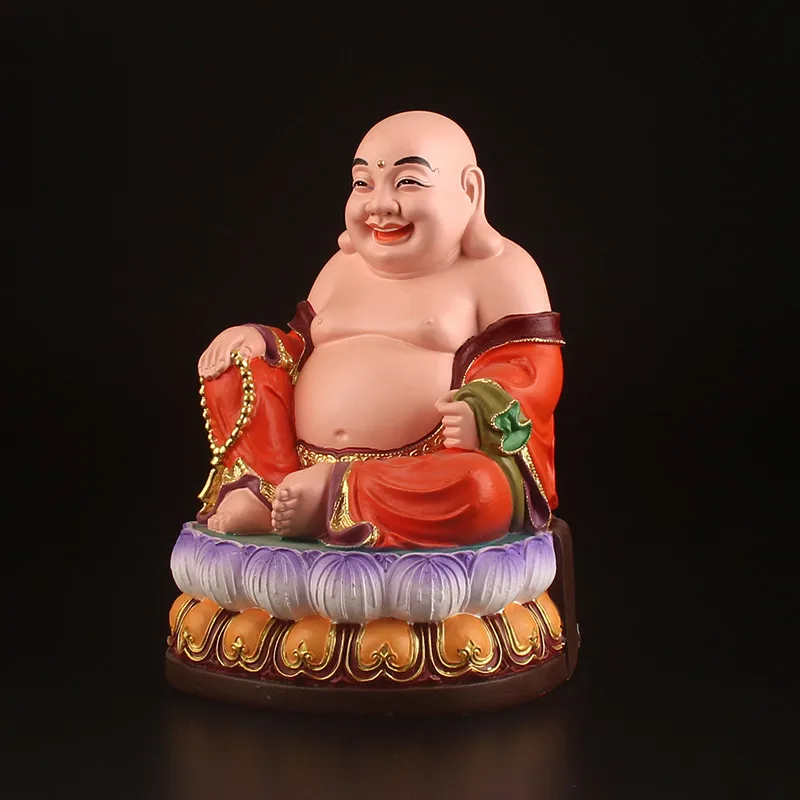 

21cm Colored Plated Maitreya Guanyin Buddha Statue,Resin Smiling Figurine Sweeping Demon Lotus Base Mascot