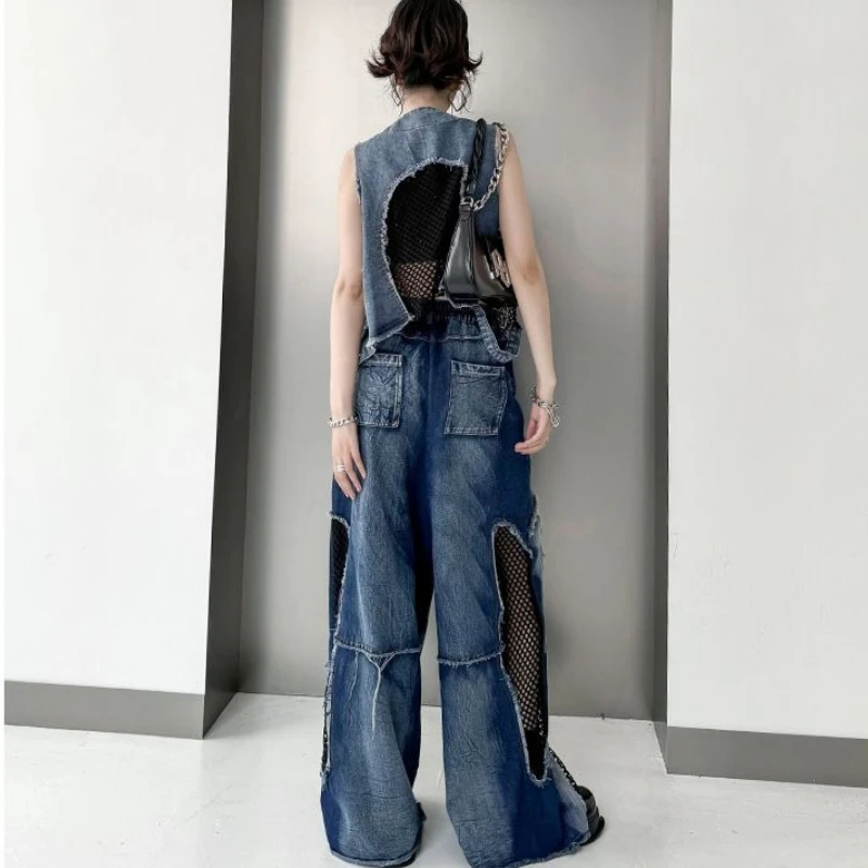 Vintage V-neck Denim Vest Patchwork Mesh Women Y2k Clothes Summer Sleeveless Slim Tank Top Harajuku Button Cropped Jacket Tank