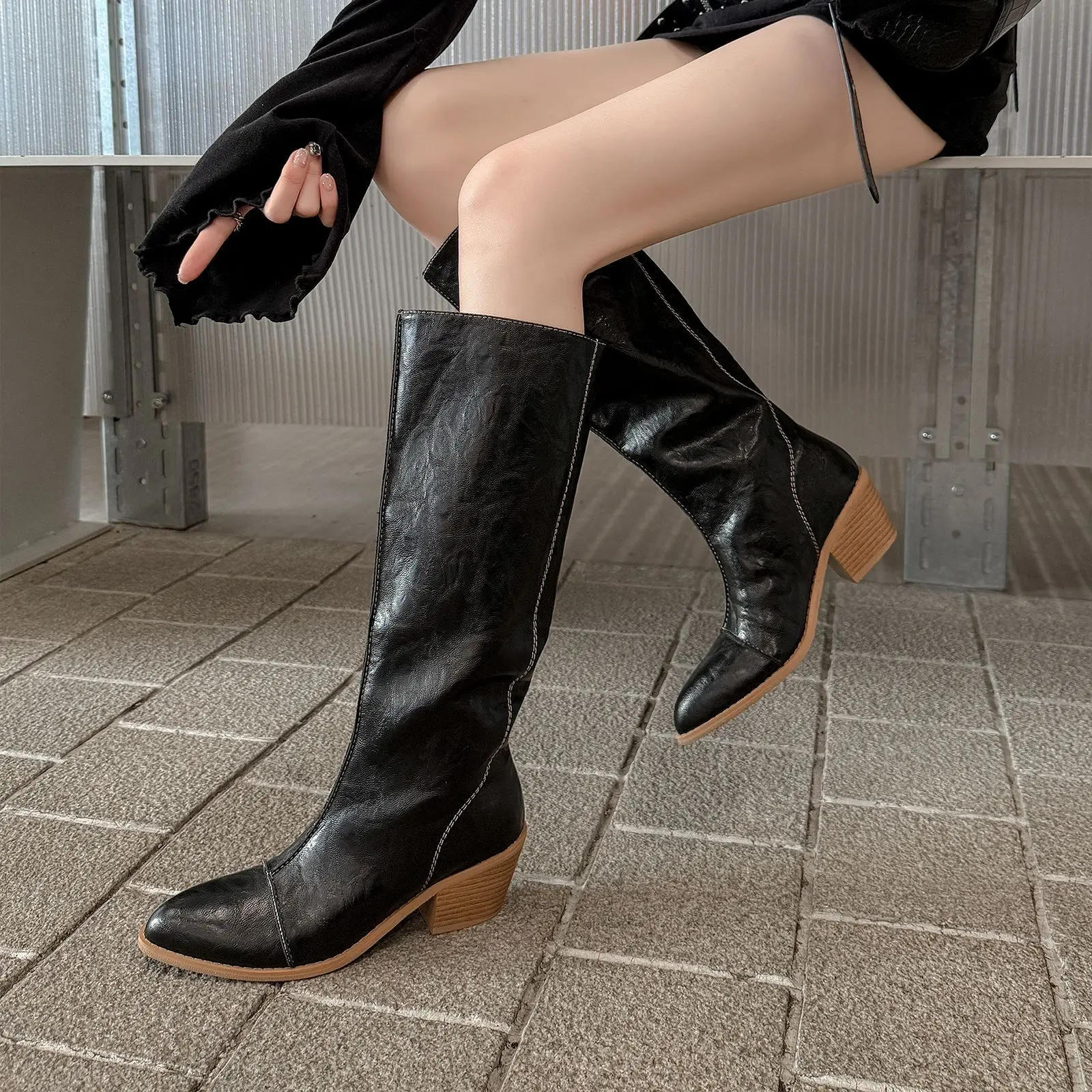 

Arden Furtado 2025 Autumn Beige Microfiber Riding boots Round toe Pull-on Chunky heels Knee high boots Large size Women's Boots