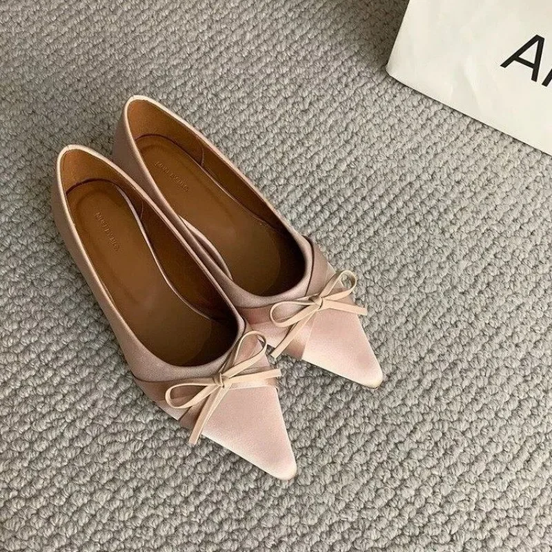 2024 South Korean New Pointed Shallow Mouth Low Heel Ballet Shoes Bow Women's Shoes Show Foreign Trade Flats Shoes Women