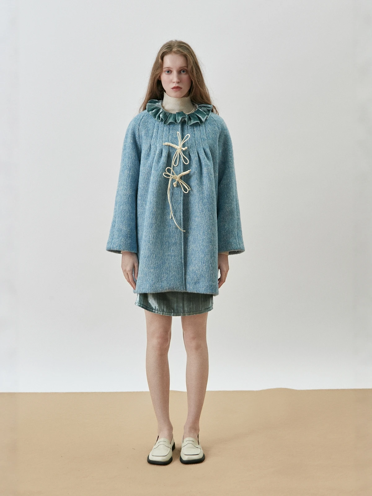 

Xunruo Brand Woolen Coat round Ne Ice Blue adient Bloom Medium Length Jaet for Women Artistic Commute Sle