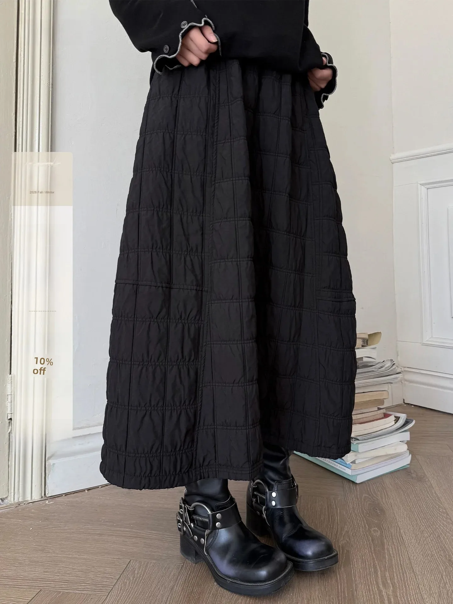 Land And Mountain Island【Cloud Fuzz】Dark Series Double Quilted Cotton A-Line High Waist Slimming Half Skirt Casual Cotton