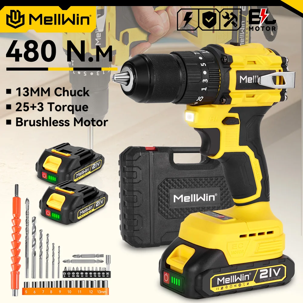MELLWIN 13 MM Bürstenlosen Elektrischen Schlagbohrmaschine 25 + 3 Drehmoment Handheld Flachbohrmaschine Schraubendreher Elektrowerkzeuge Für Makita 18 V Batterie Pin