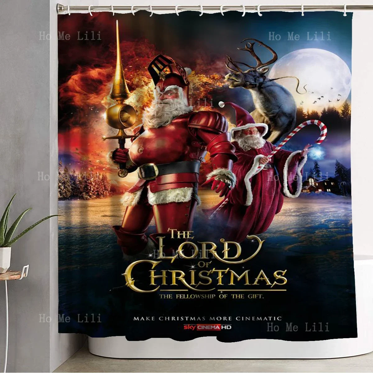 Rescue The Christmas Poster Magic Wizard Humorous Santa Claus And His Elk Shower Curtain For Bathroom Decor