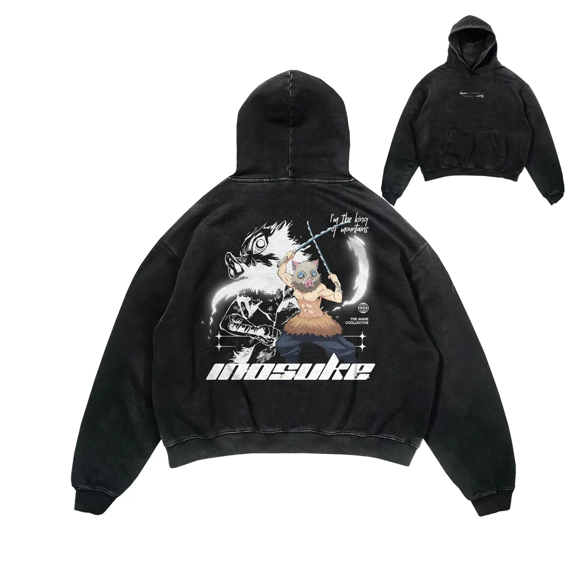 

Men's Vintage Washed Cotton Hoodie Anime Demon Slayer Tanjiro Graphic with Blue Eyes and Wild Boar Mask Loose Y2K Hip Hop