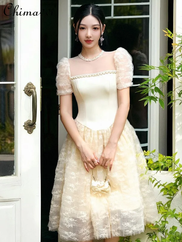

French Elegant Sweet Princess Style Fairy Dresses Lace Splicing Crew Neck Bubble Sleeves High Waist Slim A-line Long Dress Women