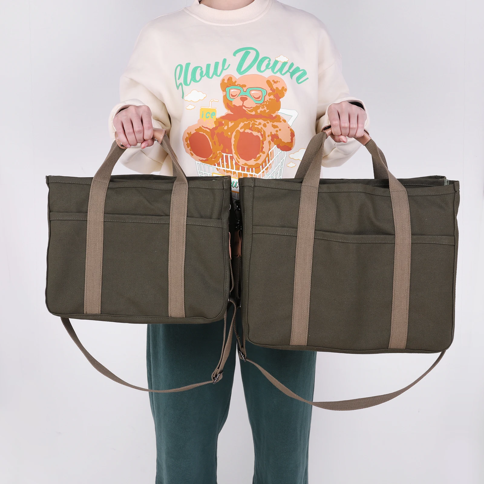 

Женская повседневная сумка из холщовой ткани с множеством карманов, стильная универсальная сумка через плечо, простая сумка-тоут для мам, для покупок, работы и повседневного использования