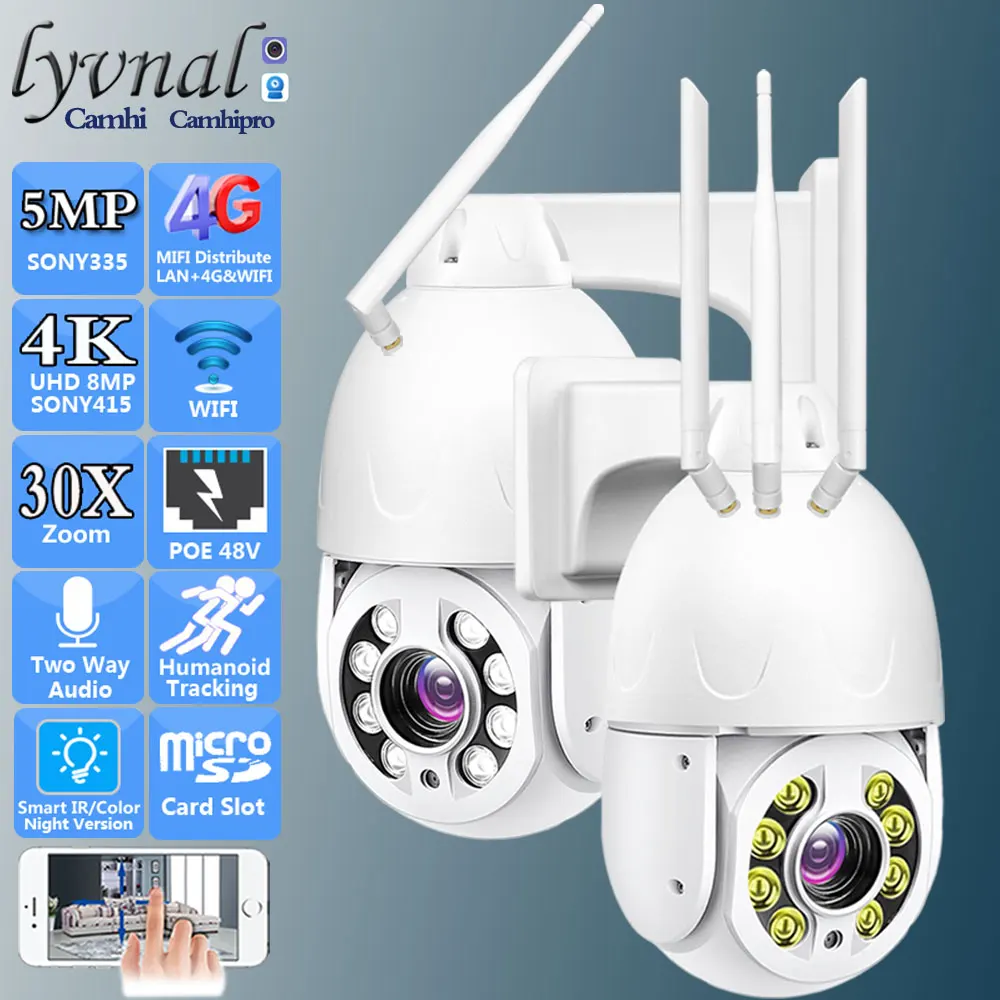 C-RU 4K 8MP Беспроводная 4G SIM-карта Безопасность Wi-Fi PTZ Купольный 30-кратный зум 5MP POE Двустороннее аудио Отслеживание человека ИК и цвет Ночное видение