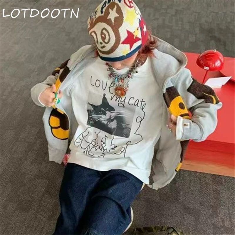 LOTDOOTN E-girl Cotton Kawaii Cartoon T-Shirts Pure Women Japanese Style Y2K Oversized Tee Shirts Cute Long Sleeve O-neck Tops