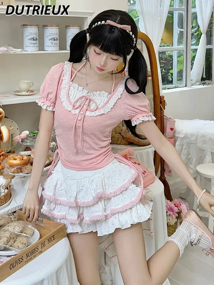 Summer New Lace Princess Style Sweet Cute Girls T-shirt Puff Short Sleeve Pink Bow Top and Skirt Two Piece Set Outfits