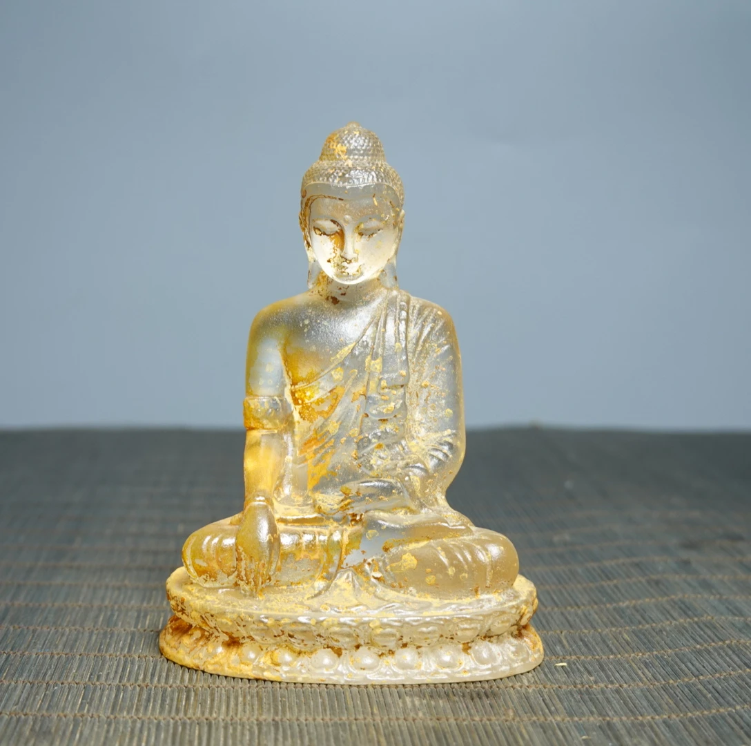 Ancient China Colored Glaze Golden Liuli Crystal Buddha Statue Feng Shui Home Decor Prayer Supplies Pray Kai Guang Ornaments