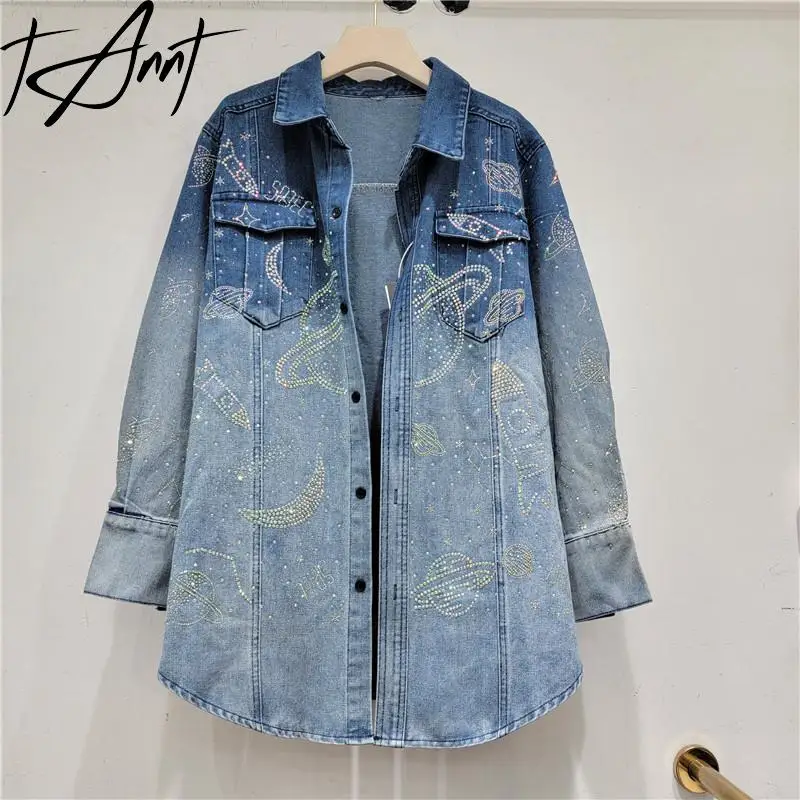 GetSpring Women Denim Coat 2024 Autumn Gradient Diamonds Single Breasted Full Sleeve Blue Denim Jacket Loose Casual Long Tops