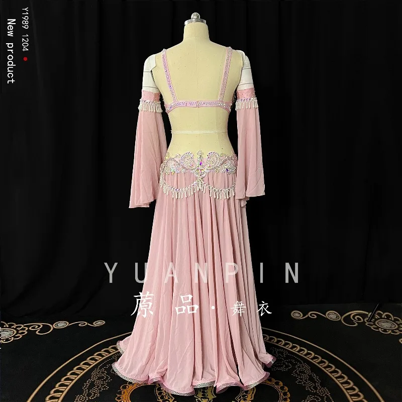 Customized Belly Dancewear Rhinestone Accessories Group Stage Suit Performance Costume Belly Dancing Bra Tassel Split Skirt Set