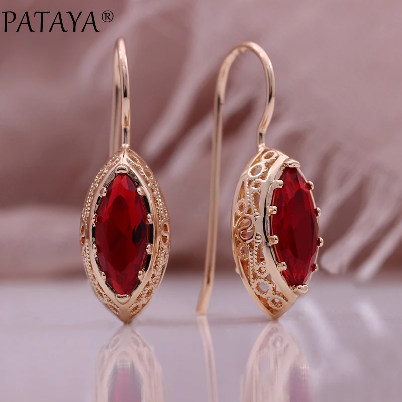 PATAYA New Red Horse Eye Natural Zircon Drop Earrings Trend Fashion Jewelry For Women 585 Rose Gold Color Unique Hollow Earrings