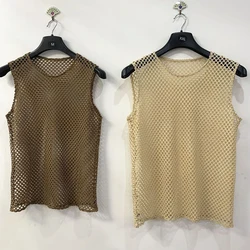 Mens Sexy See-Through Mesh Hollow Vest 2024 Summer New Fashion Nightclub Personalized Breathable Home Pajamas Tank Tops For Men