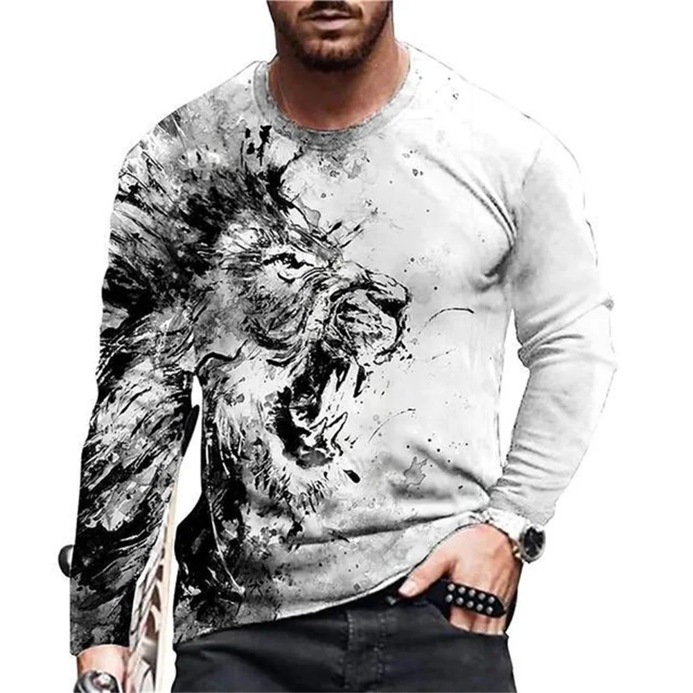 Vintage Animal Lion 3d Print Summer Men\'s Round Neck T-shirt Casual Long Sleeve Oversized T Shirt Fashion Pullover Men Clothing